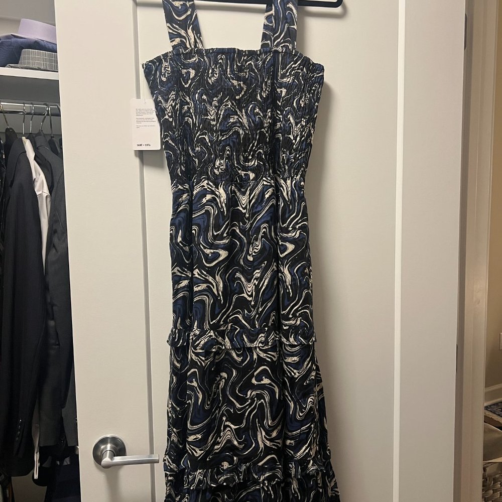 SUZI SHIRRING DRESS - BLACK & NAVY SWIRL